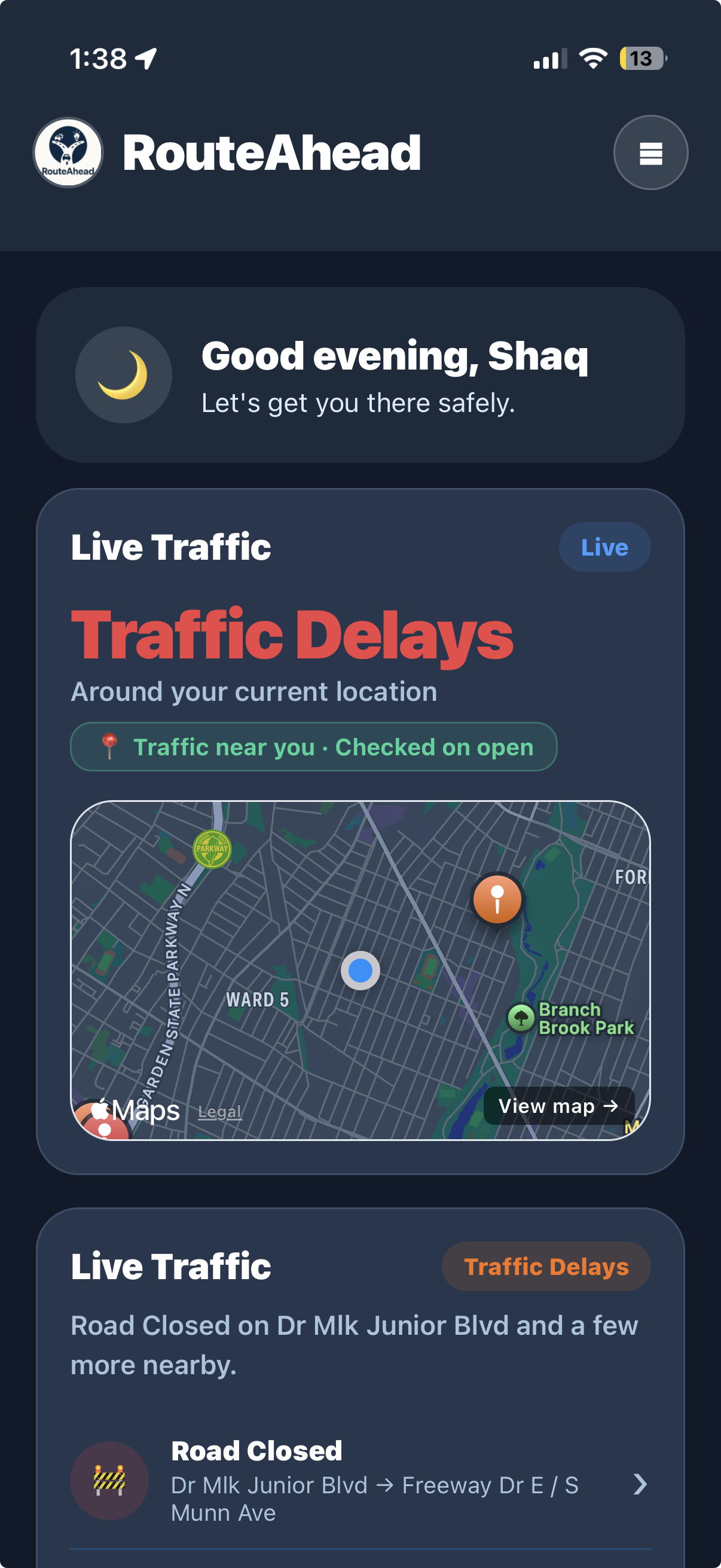 RouteAhead app showing live traffic